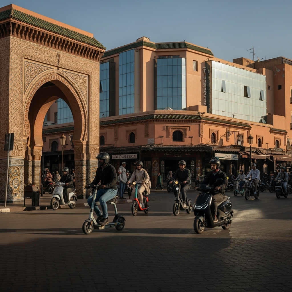 Illustration of Scooter électrique circulation Maroc: Mobilité urbaine révolutionnaire et rapide