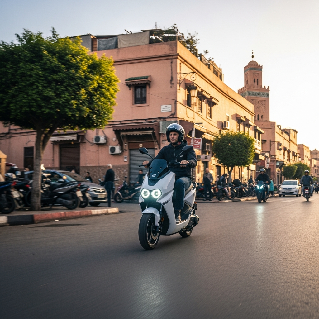 Illustration of Scooter électrique circulation Maroc: Mobilité urbaine révolutionnaire et rapide